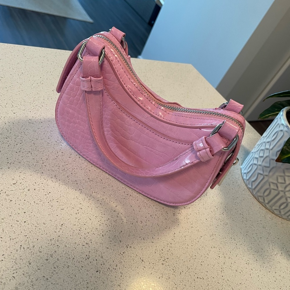 Pink Croc-Texture Shoulder Bag